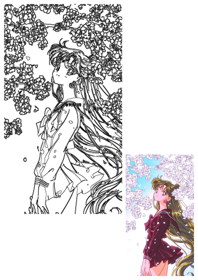 Anime illustration of Sailor Jupiter (Makoto Kino) in her school uniform, gazing up amidst a beautiful cascade of pink cherry blossoms.