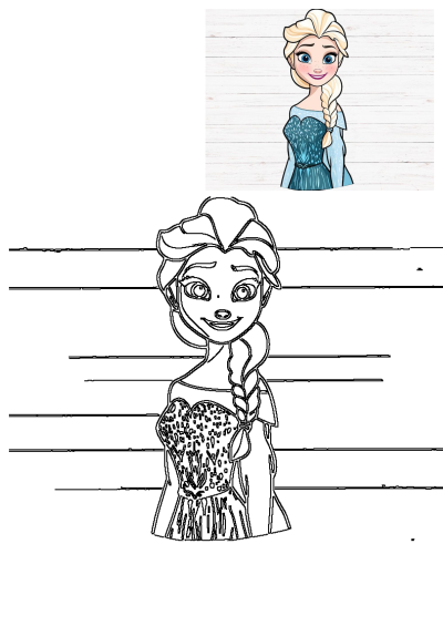 Frozen Princess Elsa with blonde braids, blue eyes, and teal dress on a white wooden background, with an outline drawing.