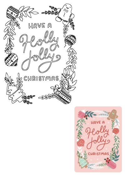 Outline illustration for a Holly Jolly Christmas greeting card, featuring a gingerbread man, Christmas tree, ornaments, and festive foliage.