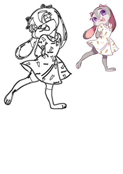 Cute Judy Hopps from Zootopia, a grey bunny with purple eyes, wearing a white dress patterned with carrots and a red bow, with line art.