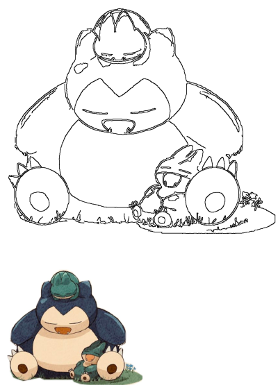 A cartoon Snorlax and a baby Pokemon sit together in green grass. This image features both a black outline drawing and a vibrant colored illustration.