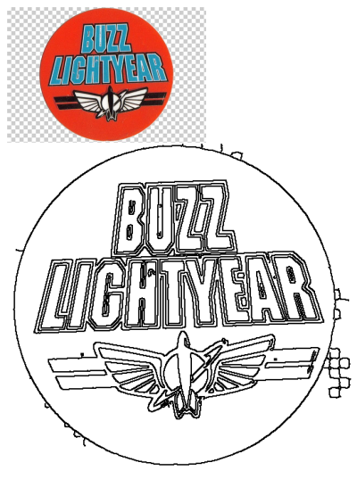 Official Buzz Lightyear logo on red, featuring blue text and the iconic black and white Space Ranger wing emblem. Includes outline version.
