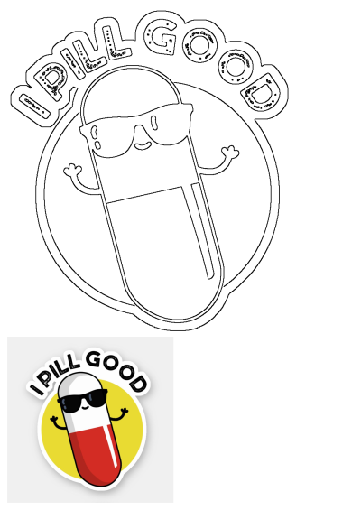 A vibrant 'I Pill Good' sticker featuring a smiling red and white pill character wearing cool black sunglasses, on a bright yellow background.