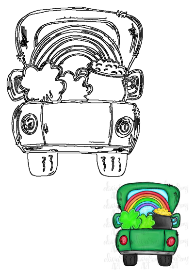 St. Patrick's Day green truck loaded with a vibrant rainbow, lucky shamrocks, and a shining pot of gold, perfect for holiday themes.