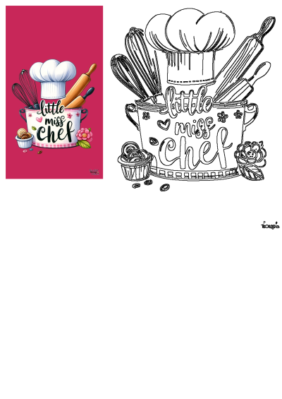 Vibrant cartoon featuring a chef's hat, whisks, rolling pins, and a mug with 'Little Miss Chef' text for baking enthusiasts.