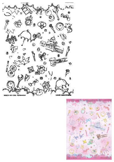 Kawaii pink background pattern adorned with Sailor Moon inspired magical items, wands, brooches, Luna, and sparkling celestial elements.