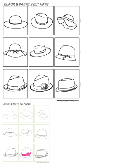 A collection of black and white felt hat designs, featuring various styles like fedoras, cloches, and wide-brim hats, for fashion templates.
