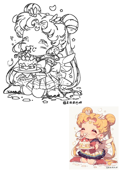 Cute chibi Cartoon Sailor Moon character happily eating a strawberry cake, with some icing on her face and wearing her iconic sailor dress.
