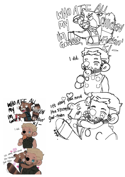 A funny Marvel fanart comic strip depicting Rocket Raccoon angrily confronting Thor for eating his chicken, followed by a wholesome hug.
