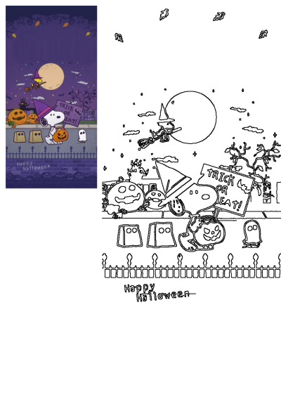 Snoopy Halloween line art with Snoopy in a witch hat, Woodstock flying on a broom, full moon, pumpkins, and a 'Trick or Treat' sign.