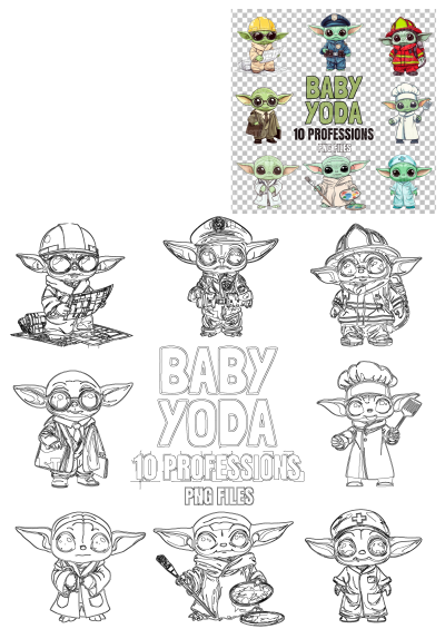 Collection of 10 Baby Yoda profession cartoon characters including engineer, police, chef, and doctor, in color and outline PNG.