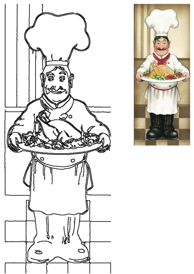 A smiling cartoon chef in uniform and a tall hat proudly presents a roasted turkey plate with garnishes, perfect for restaurant and culinary themes.