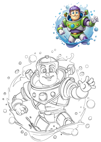 Buzz Lightyear cartoon character in water splash, shown in both vibrant color and detailed outline, smiling in his iconic space suit.