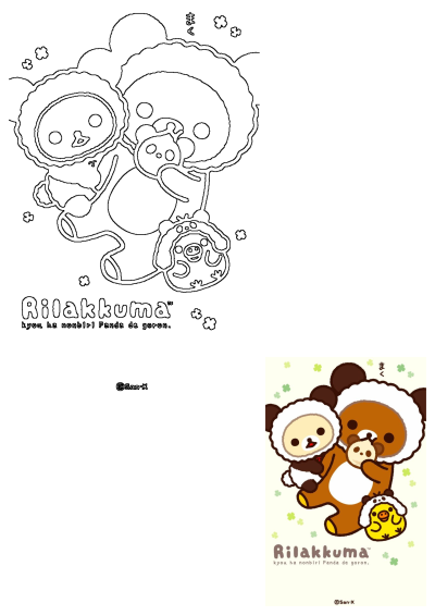 Rilakkuma, Korilakkuma, and Kiiroitori as kawaii pandas, with Korilakkuma hugging Kiiroitori. Includes both a line art outline and a colored illustration.