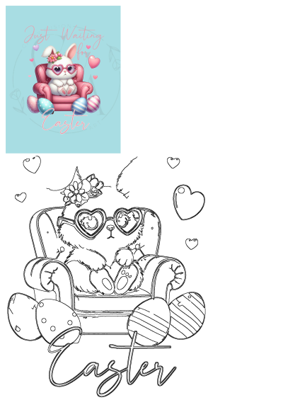 Cute white Easter bunny in heart glasses, sitting in a pink armchair with colorful eggs and floating hearts on a blue background. Includes line art.