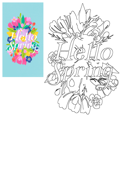 Vibrant 'Hello Spring' floral design with bright pink, purple, blue flowers on a textured blue background, plus its black & white coloring page.