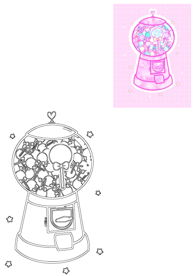 Cute gumball machine with colorful lollipops, featured as a vibrant sticker and an outline drawing for coloring.
