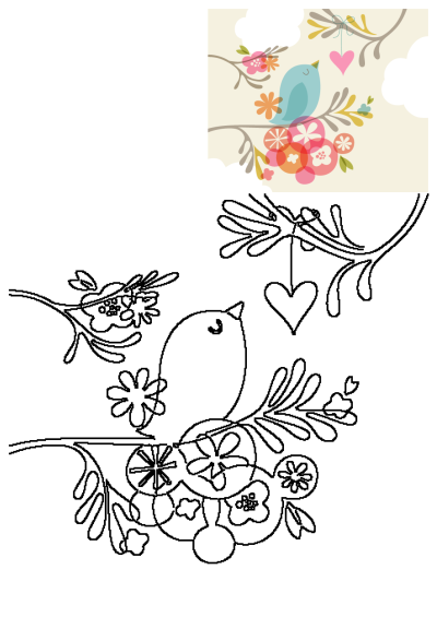 Blue bird on branch with flowers and hearts illustration, featuring both a vibrant colored version and a detailed black and white outline.