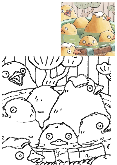 Cute yellow ducklings are happily enjoying a relaxing bath in a wooden tub, one with a towel on its head, in this whimsical illustration.