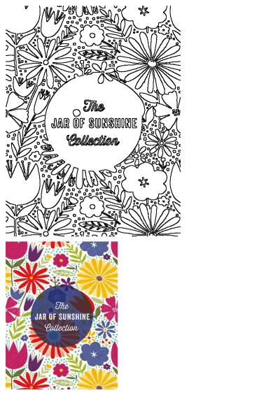 Vibrant 'Jar of Sunshine Collection' floral pattern featuring colorful flowers, leaves, and bold outlines. Includes both colored and uncolored versions.