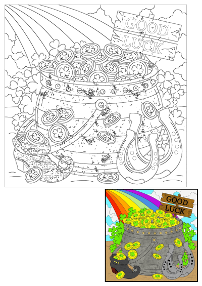 A vibrant St. Patrick's Day scene with a pot of gold coins at the end of a rainbow, a black cat, horseshoe, and Good Luck sign.