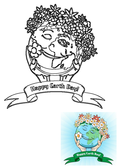 Outline greeting card for Happy Earth Day. Features a tranquil Earth wearing a flower crown, held by hands, with 'Happy Earth Day!' banner.