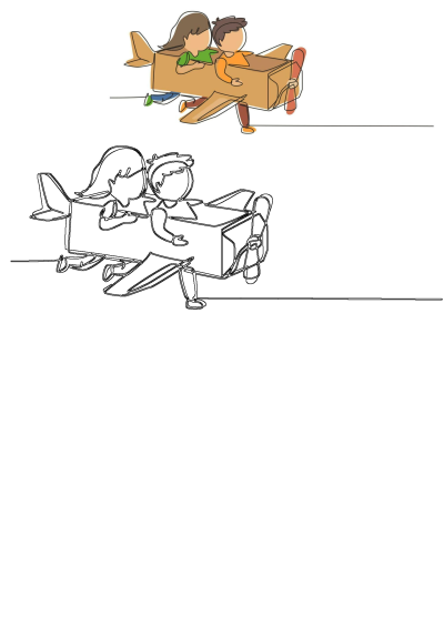 A cartoon of two kids riding in a cardboard airplane, shown in both vibrant color and elegant continuous line art style.