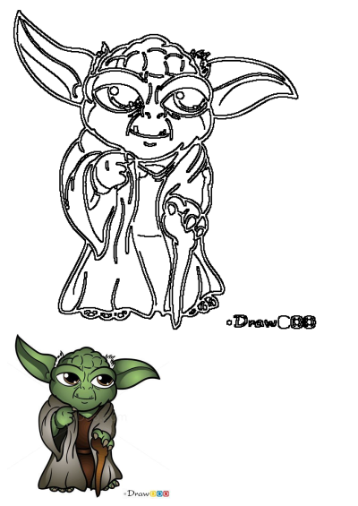 Cartoon Yoda Star Wars character line art drawing with a small colored example. Perfect for fans of the iconic Jedi Master.