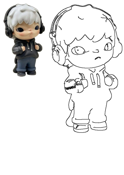 Phirono Headphones Figurine Art Collectible Toy, with white hair and black hoodie, displayed alongside its black and white line art outline for coloring.
