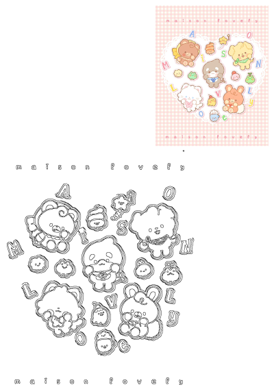 Adorable animal stickers forming a heart on a pink checkered background, expressing 'Love You'. Features an outline version for coloring.