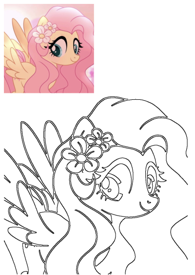 Fluttershy, the pink pony with flowers in her flowing mane and beautiful yellow wings. Also features a black and white outline drawing.