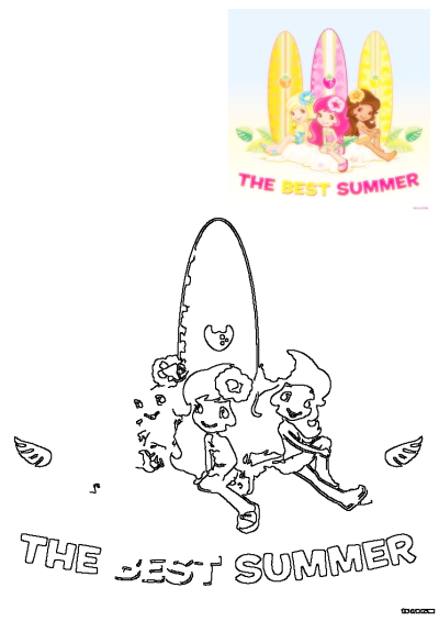 Strawberry Shortcake and friends with their surfboards for the best summer day on a sunny beach, plus a fun coloring page outline.