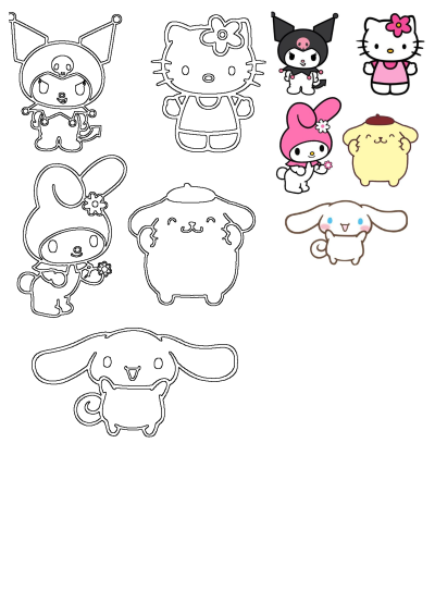 Sanrio characters featuring Hello Kitty, Kuromi, My Melody, Pompompurin, and Cinnamoroll in outline and colored versions.