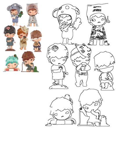 Colorful Hirono Figurines Collection with diverse characters in vibrant costumes and their artistic black and white line art outlines.