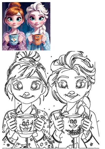 Anna and Elsa from Frozen smile in pajamas, holding coffee mugs with Olaf and gingerbread man designs. Beloved cartoon characters.