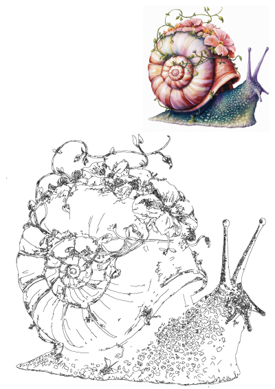 Whimsical watercolor snail featuring a spiral shell adorned with delicate pink flowers and green vines. Its vibrant body boasts blue-green hues.