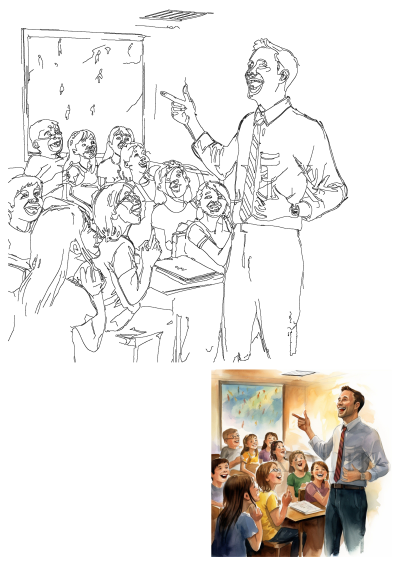 Vibrant watercolor painting of a happy male teacher actively engaging a diverse group of joyful students in a bright classroom setting.