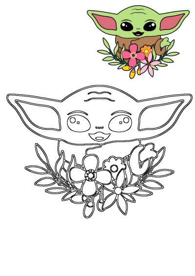 Baby Yoda Grogu With Flowers And Leaves coloring page featuring a cute colored illustration and outline drawing.