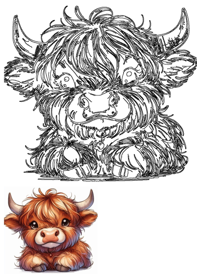 An adorable illustration of a fluffy, cute cartoon Highland cow with big eyes and shaggy fur, presented as both colored art and black-and-white line drawing.