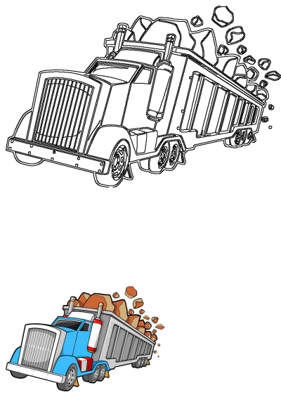 A colorful, royalty-free cartoon illustration depicting a blue dump truck loaded with rocks, some spilling from its bed.