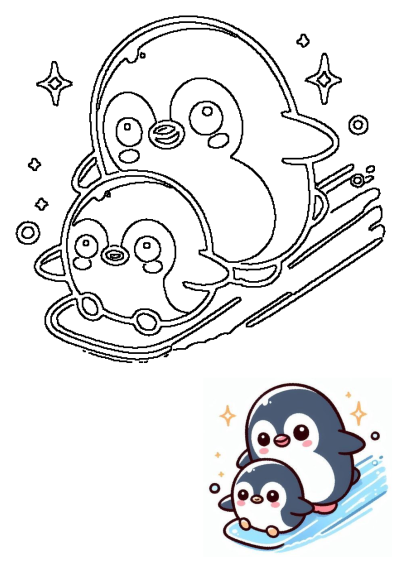 Outline of two cute cartoon penguin friends sliding playfully together, ideal for children's activities. Features sparkling accents.