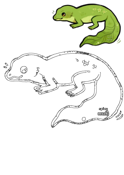 Cute cartoon green lizard drawing by Spicy Mochi, featuring a vibrant reptile with flowers on its back and a detailed outline.