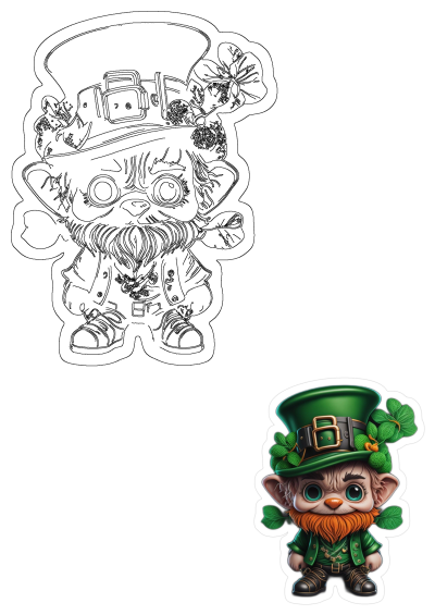 Cute leprechaun sticker for St. Patrick's Day, featuring a green hat, orange beard, and shamrocks, plus a line art version.