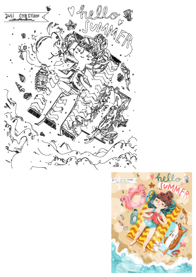 Hello Summer beach illustration: a girl and her dog relax on striped towels by the ocean, with a flamingo float, sunscreen, seashells.