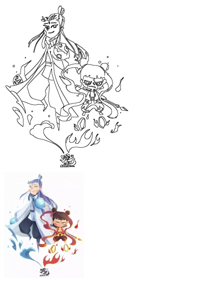 Dynamic anime illustration featuring Nezha (fire) and Ao Bing (water), presented as both line art and a vibrant colored character design.