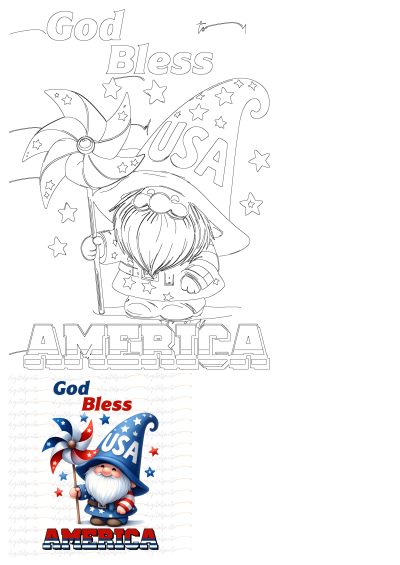 A patriotic gnome wearing a USA hat, holding a pinwheel in red, white, and blue. Features 'God Bless USA' and 'America' text, perfect for Independence Day.
