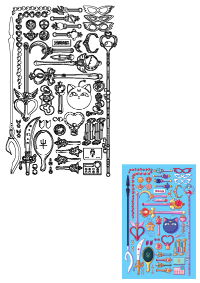 A vibrant square illustration featuring a collection of Sailor Moon magical girl items, including wands, staffs, brooches, masks, and keys.