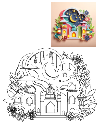 Vibrant paper art featuring a mosque, colorful flowers, glowing lanterns, crescent moon, and stars for Ramadan, with its outline.