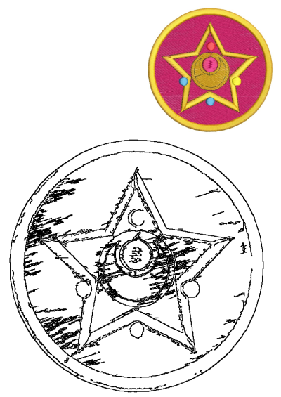 Embroidered pink and yellow star patch with a gold center, crescent moon, and colorful gems. Includes a detailed black and white outline drawing.