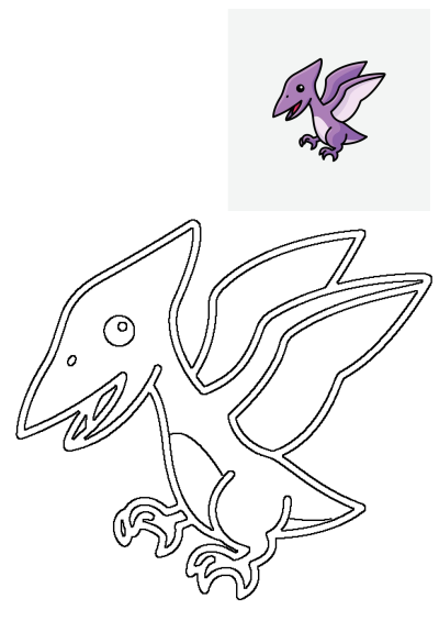 Cute cartoon pterodactyl dinosaur illustration featuring a small colored purple version and a large black outline.